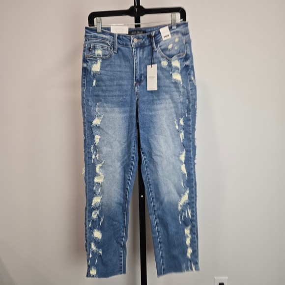 Judy Blue Denim - Judy Blue High Waist Side Distressed Straight Leg Jeans Medium Blue 5/27